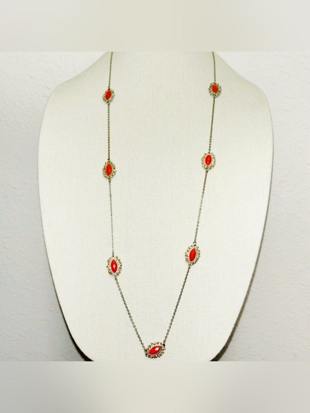 Gold Chain Necklace with Red/Orange Stone Accents